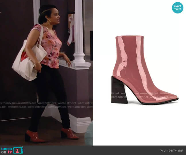 Jeffrey Campbell LA Siren Bootie in Dark Rose Patent worn by Randi (Kyla Pratt) on Call Me Kat