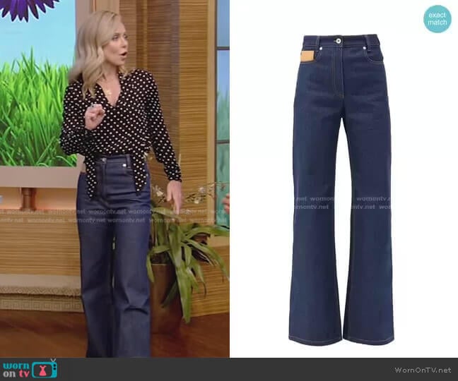Paco Rabanne Leather-Patch High-Rise Flared Jeans worn by Kelly Ripa on Live with Kelly and Mark