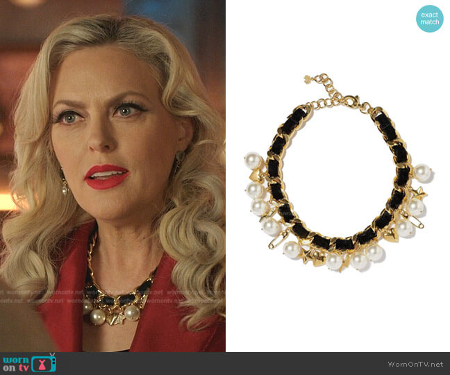 Lele Sadoughi East Village Faux Pearl & Velvet Charm Necklace worn by Alexis Carrington (Elaine Hendrix) on Dynasty