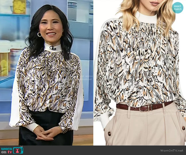 Reiss Magda Feather Print Top worn by Vicky Nguyen on Today