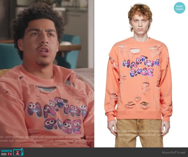 Martine Rose Orange Graphic Logo Shredded Sweatshirt worn by Andre Johnson Jr (Marcus Scribner) on Black-ish