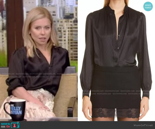 Saint Laurent Monogram Silk Jacquard Blouse worn by Kelly Ripa on Live with Kelly and Mark
