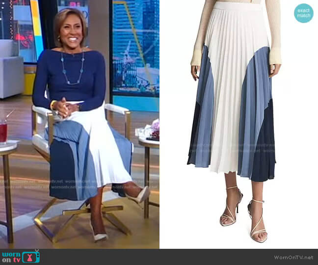 Reiss Murphy Color Blocked Pleated Midi Skirt worn by Robin Roberts on Good Morning America