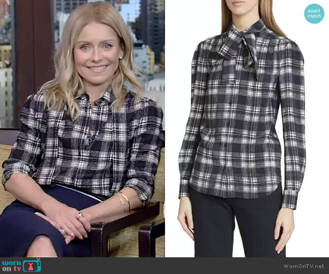 Saint Laurent Plaid Neck-Tie Silk Blouse worn by Kelly Ripa on Live with Kelly and Mark