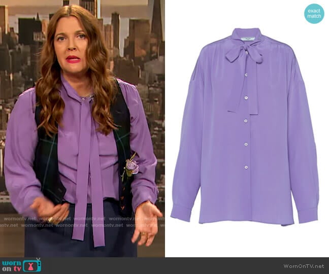 Prada Long Sleeve Crepe de Chine Blouse worn by Drew Barrymore on The Drew Barrymore Show