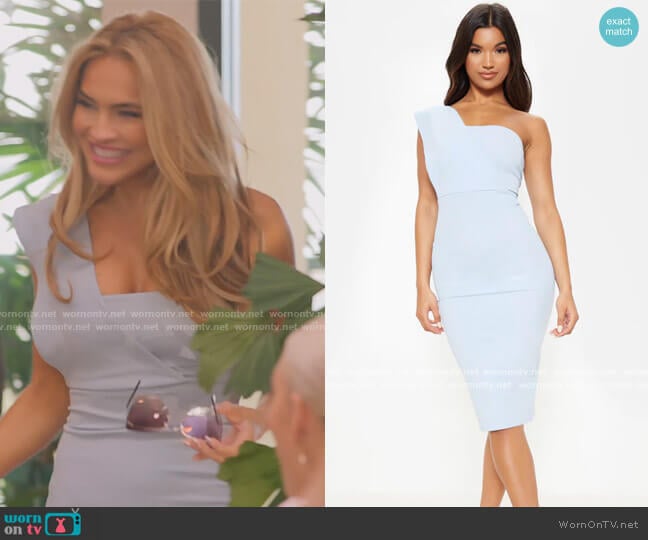 Pretty Little Thing Dusty Blue One Shoulder Drape Midi Dress worn by Chrishell Stause on Selling Sunset