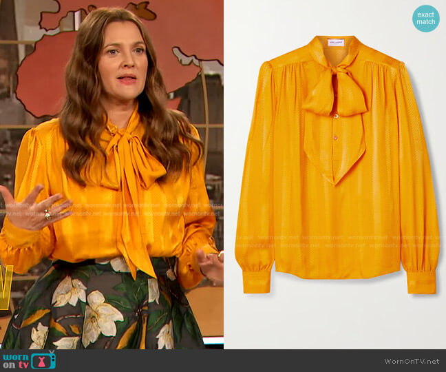 Saint Laurent Pussy-Bow Silk-Jacquard Blouse worn by Drew Barrymore on The Drew Barrymore Show