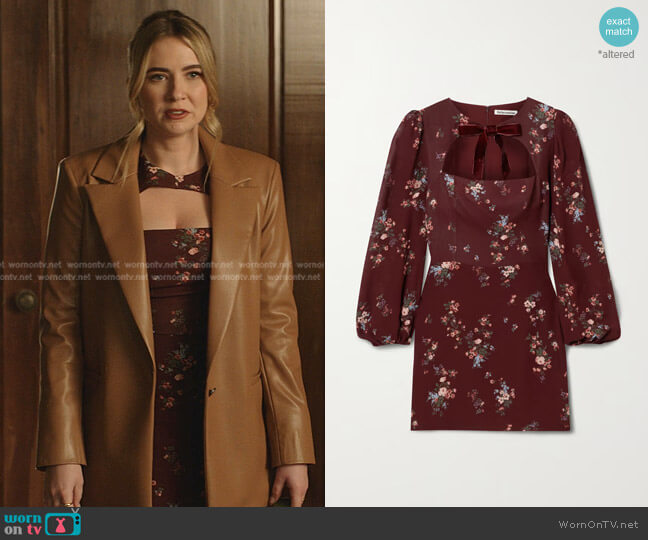 Reformation Terri Mini Dress in Burgundy worn by Amanda Carrington (Eliza Bennett) on Dynasty