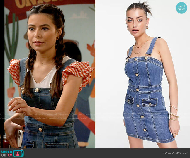 River Island Fitted Denim Overall Mini Dress worn by Carly Shay (Miranda Cosgrove) on iCarly