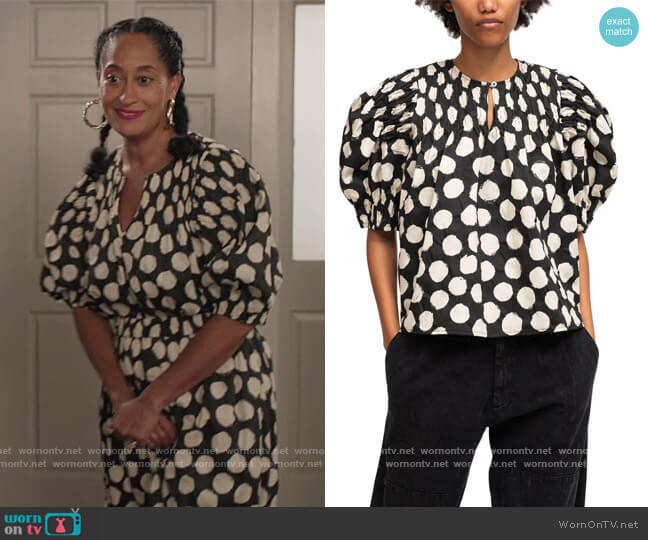 SEA Arline Polka Dot Puff Sleeve Cotton Blouse worn by Rainbow Johnson (Tracee Ellis Ross) on Black-ish