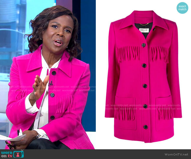 Saint Laurent Fringe-Trim Short Buttoned Coat worn by Deborah Roberts on Good Morning America