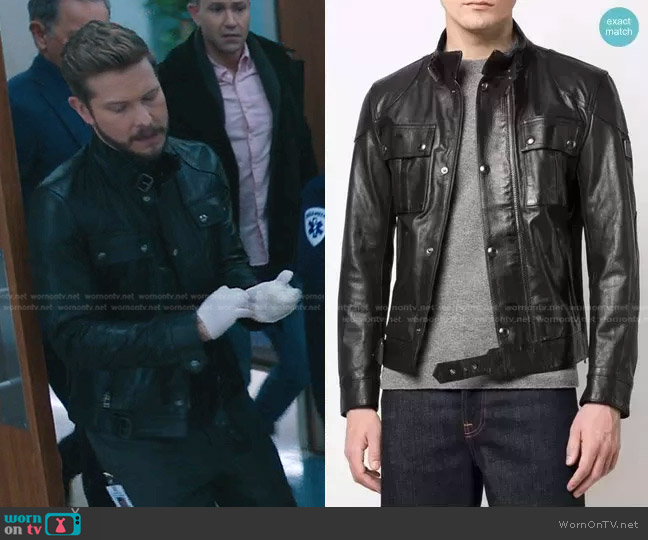Belstaff Slim-Cut Leather Jacket worn by Conrad Hawkins (Matt Czuchry) on The Resident