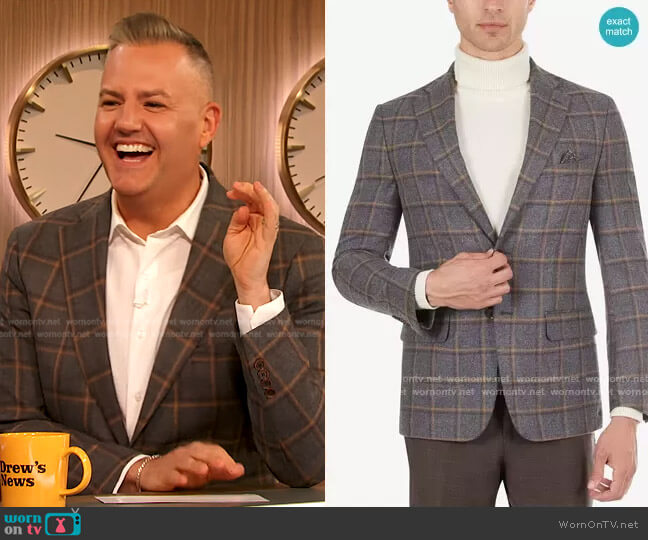 Tallia Slim-Fit Gray & Tan Windowpane Sport Coat worn by Ross Mathews on The Drew Barrymore Show