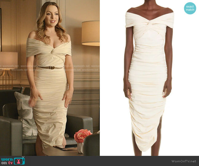 Khaite Spence Ruched Off the Shoulder Jersey Dress worn by Fallon Carrington (Elizabeth Gillies) on Dynasty