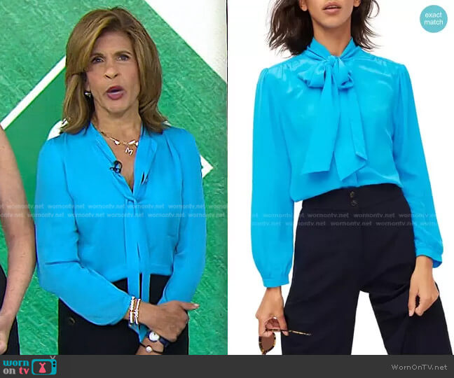 J. Crew Tie Neck Silk Blouse in Azure Pool worn by Hoda Kotb on Today