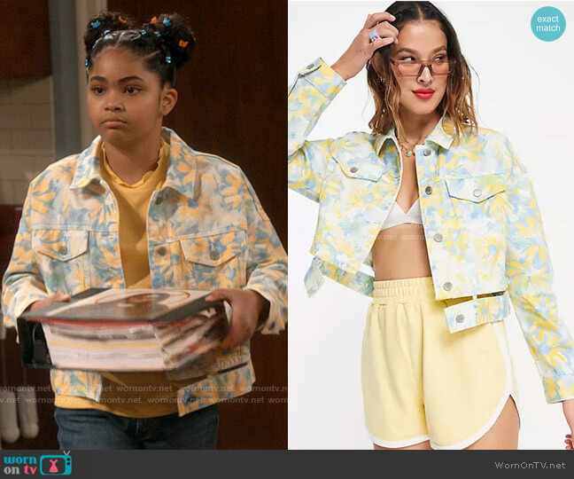 Urban Revivo Floral Print Denim Jacket with Cut Out Detail worn by Millicent (Jaidyn Triplett) on iCarly