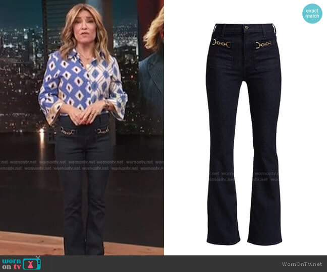 Veronica Beard Florence Chain-Detail Flare Jeans worn by Kit Hoover on Access Hollywood