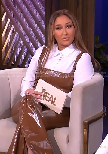 Adrienne’s brown patent leather jumpsuit on The Real