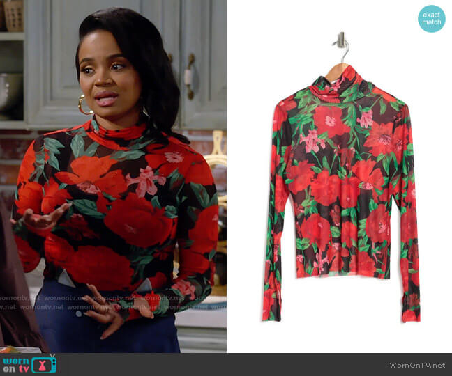 AFRM Zadie Turtleneck in Rouge Garden worn by Randi (Kyla Pratt) on Call Me Kat