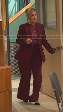 Alana’s burgundy blazer and pants on Ravens Home