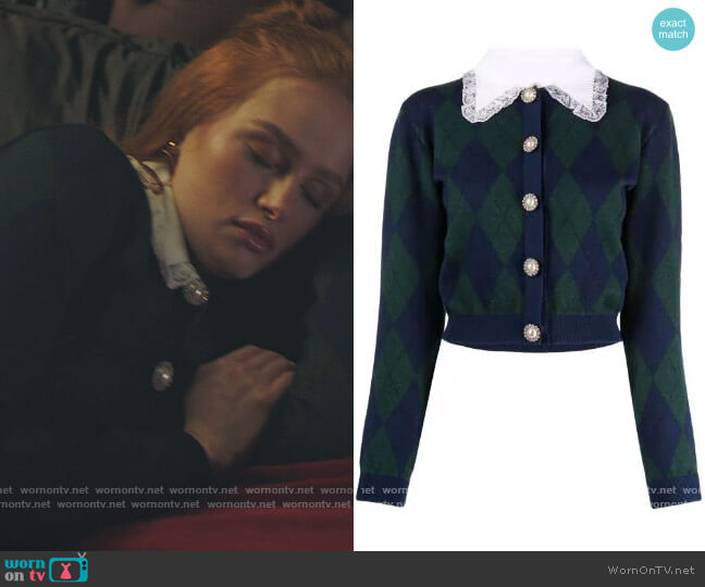 Alessandra Rich Detachable Collar Argyle Knit Cardigan worn by Cheryl Blossom (Madelaine Petsch) on Riverdale