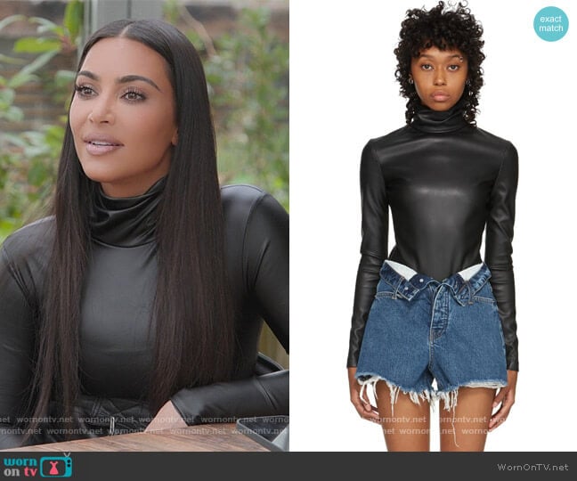 Alexander Wang Black Pleather Turtleneck Bodysuit worn by Kim Kardashian (Kim Kardashian) on The Kardashians