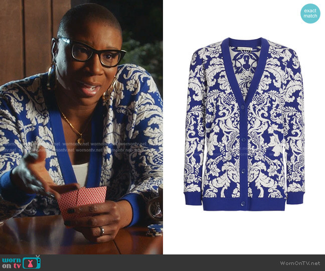 Alice + Olivia Bradford jacquard-knit cardigan worn by Henrietta Wilson (Aisha Hinds) on 9-1-1
