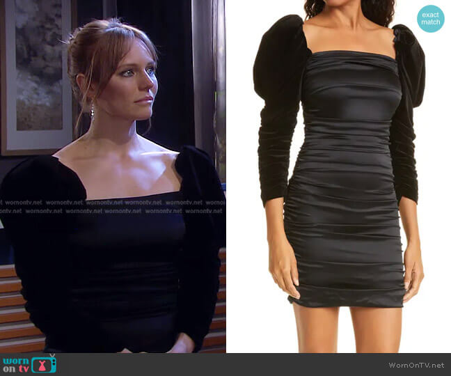 Alice + Olivia Katrice Silk & Velvet Puff Sleeve Ruched Minidress worn by Abigail Deveraux (Marci Miller) on Days of our Lives