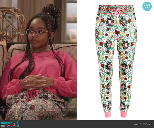 Alice + Olivia NYC Floral Slim Joggers worn by Diane Johnson (Marsai Martin) on Black-ish