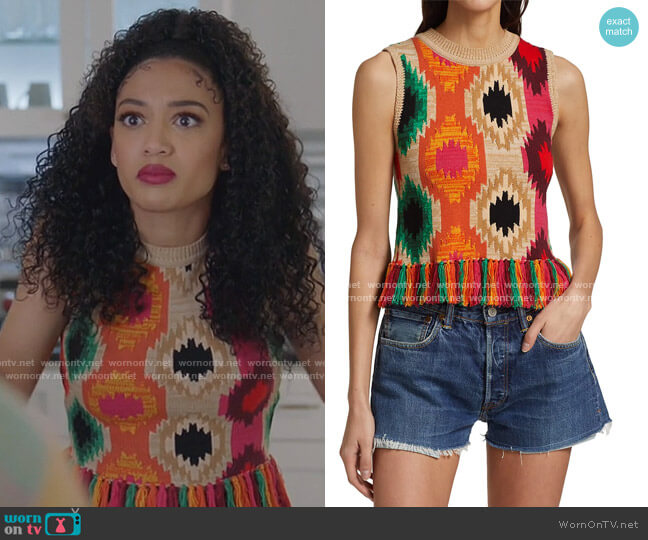 Alice + Olivia Reva Print Fringe Peplum Tank Top worn by Olivia Baker (Samantha Logan) on All American