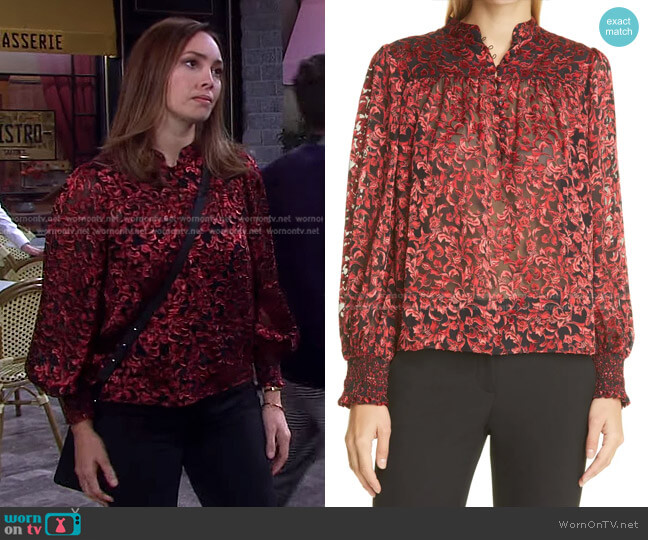 Alice + Olivia Serena Velvet Burnout Blouse worn by Gwen Rizczech (Emily O'Brien) on Days of our Lives