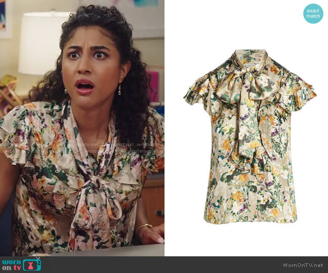 Alice + Olivia Jeannie Blouse in Romance Almond worn by Mikaela Shaw (Vella Lovell) on Mr Mayor