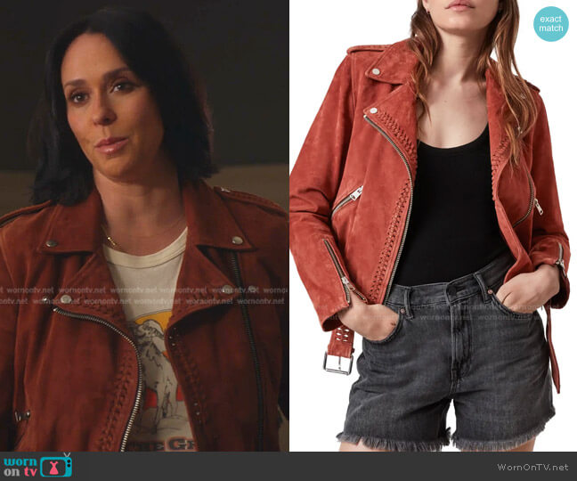 All Saints Braided Suede Biker Jacket worn by Maddie Kendall (Jennifer Love Hewitt) on 9-1-1