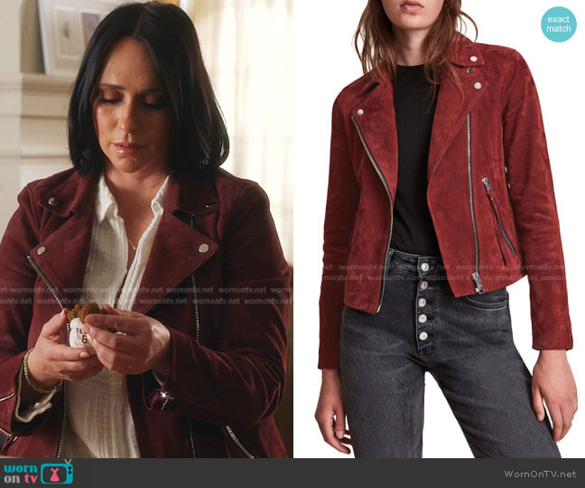 All Saints Dalby Suede Biker Jacket in Cherry Oak Red worn by Maddie Kendall (Jennifer Love Hewitt) on 9-1-1