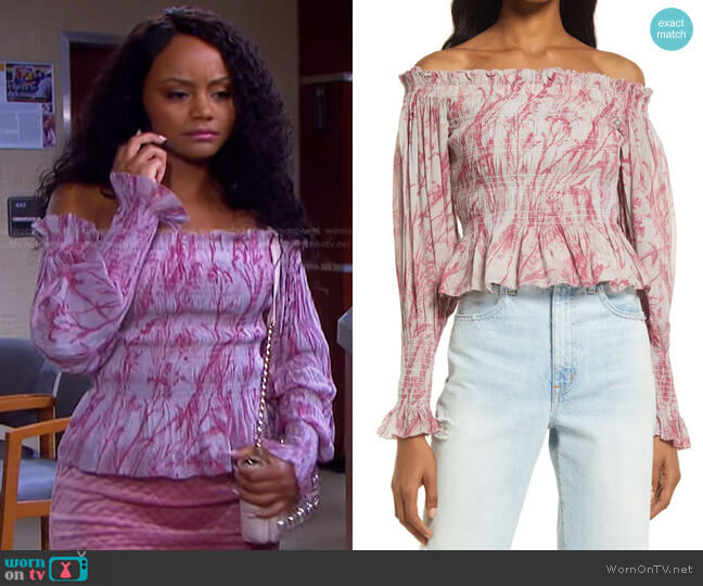 All Saints Lara Grasmere Off the Shoulder Smock Top worn by Chanel Dupree (Raven Bowens) on Days of our Lives