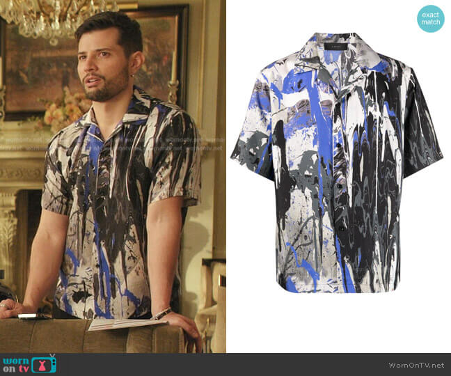 Amiri Paint Splatter Button-Up Silk Camp Shirt worn by Sam Flores (Rafael de la Fuente) on Dynasty