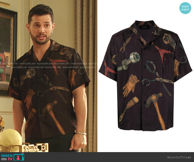 Amiri Tool-Print Silk Shirt worn by Sam Flores (Rafael de la Fuente) on Dynasty