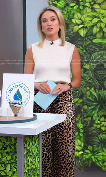 Amy’s white mock neck top and leopard pants on Good Morning America