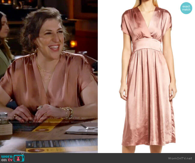 Anne Klein Wrap Front Washed Satin Midi Dress in Anise worn by Kat Silver (Mayim Bialik) on Call Me Kat