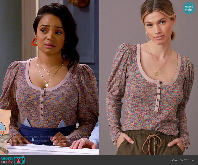 Anthropologie Puff-Sleeved Knit Henley Top worn by Randi (Kyla Pratt) on Call Me Kat