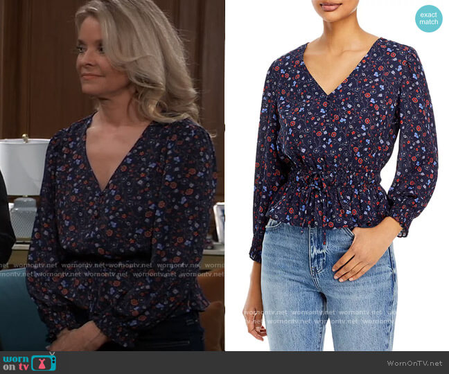 Aqua Floral Print Gathered Waist Tie Front Top worn by Felicia Scorpio (Kristina Wagner) on General Hospital