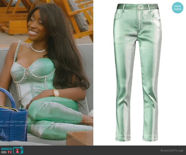 Area Metallic-finish straight-leg trousers worn by Chelsea Lazkani on Selling Sunset