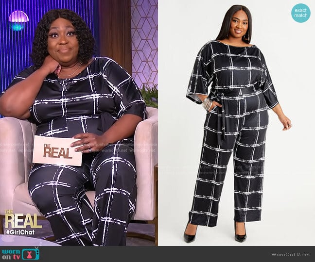 Ashley Stewart Belted Grid Boat Neck Jumpsuit worn by Loni Love on The Real