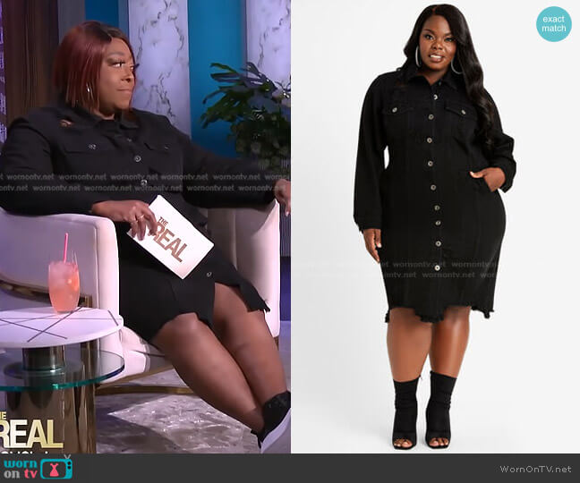 Ashley Stewart Distress Denim Bodycon Shirtdress worn by Loni Love on The Real