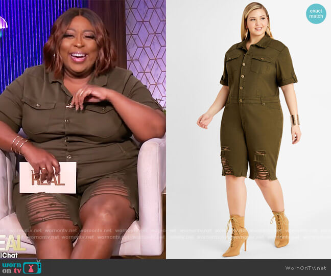 Ashley Stewart Distressed Denim Utility Romper worn worn by Loni Love on The Real