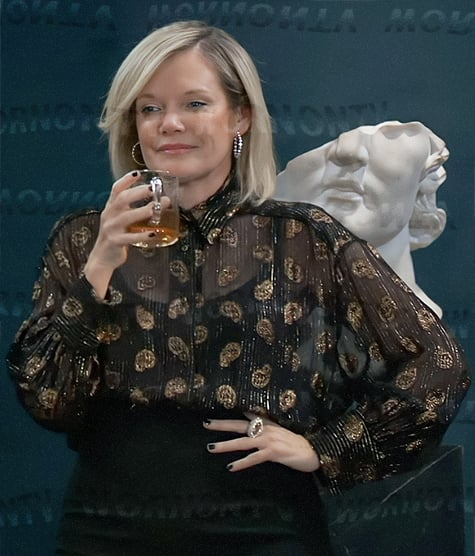 Ava’s black metallic paisley blouse on General Hospital