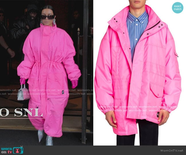 Balenciaga Asymmetric Hem Neon Puffer Coat worn by Kim Kardashian (Kim Kardashian) on The Kardashians