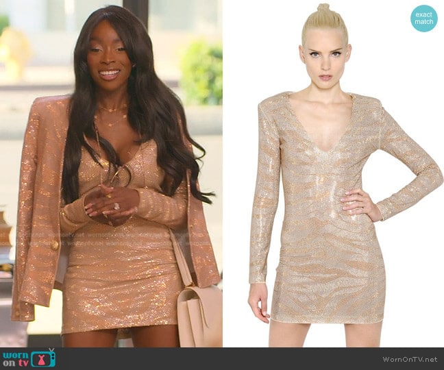 Balmain Natural Tiger Embellished Tulle Mini Dress worn by Chelsea Lazkani on Selling Sunset