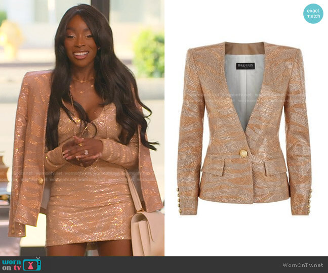 Balmain Tiger Embellished Blazer worn by Chelsea Lazkani on Selling Sunset