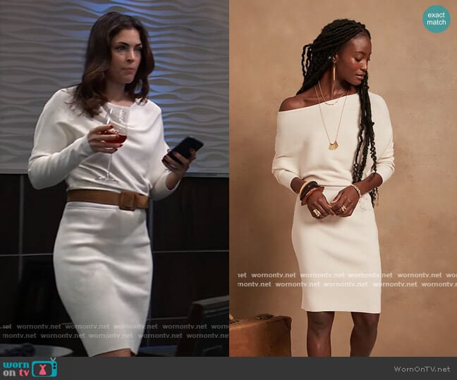 Banana Republic Off-the-Shoulder Sweater Dress worn by Britt Westbourne (Kelly Thiebaud) on General Hospital